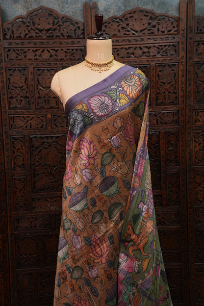 Tussar Saree with Kalamkari Body & Patola-Inspired Border and Pallu – Rust, Olive Green & Purple