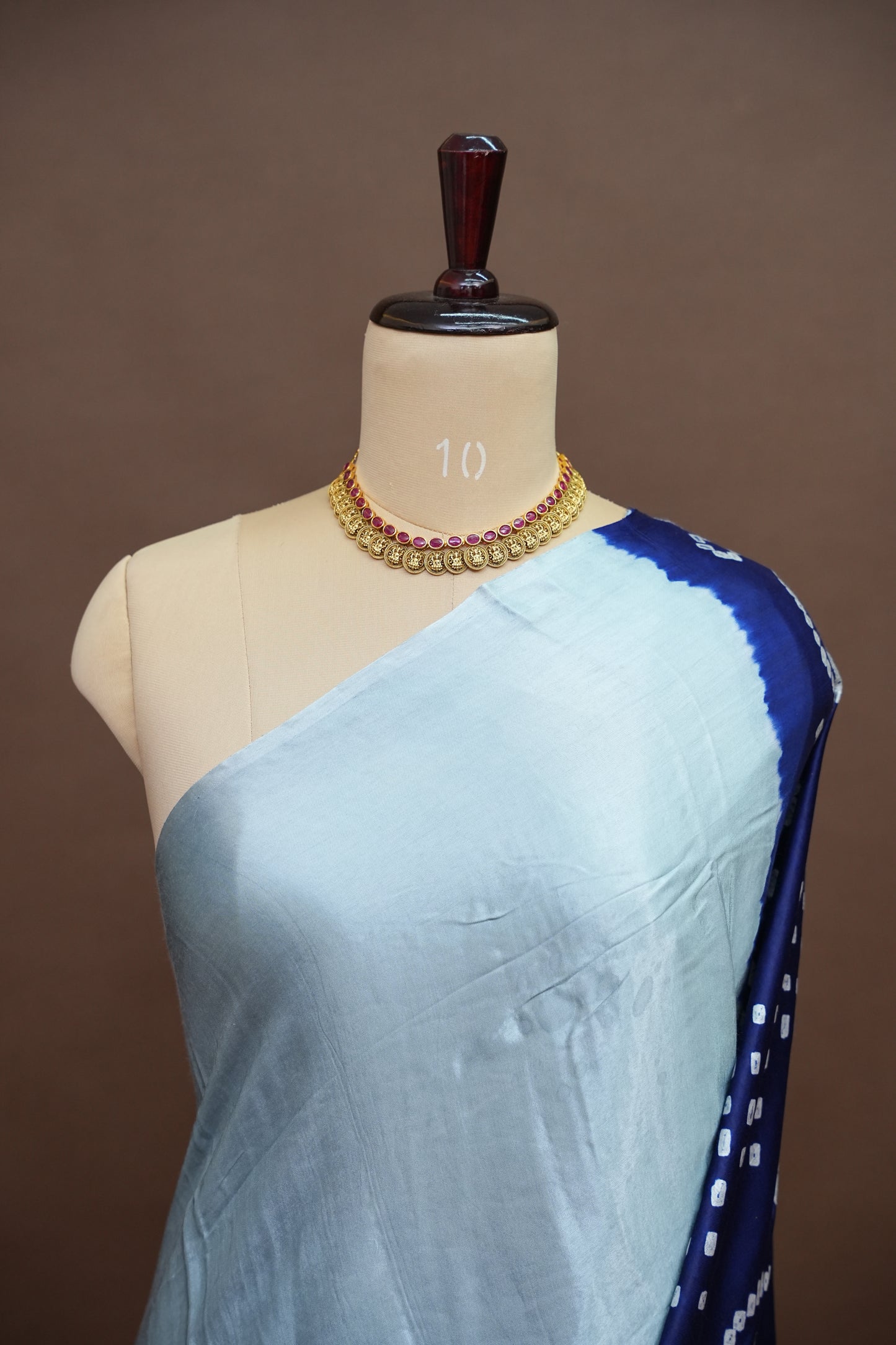Pure Gajji Silk Saree in Powder Blue with Bandhej Pallu & Bandhani Digital Print