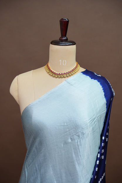 Pure Gajji Silk Saree in Powder Blue with Bandhej Pallu & Bandhani Digital Print