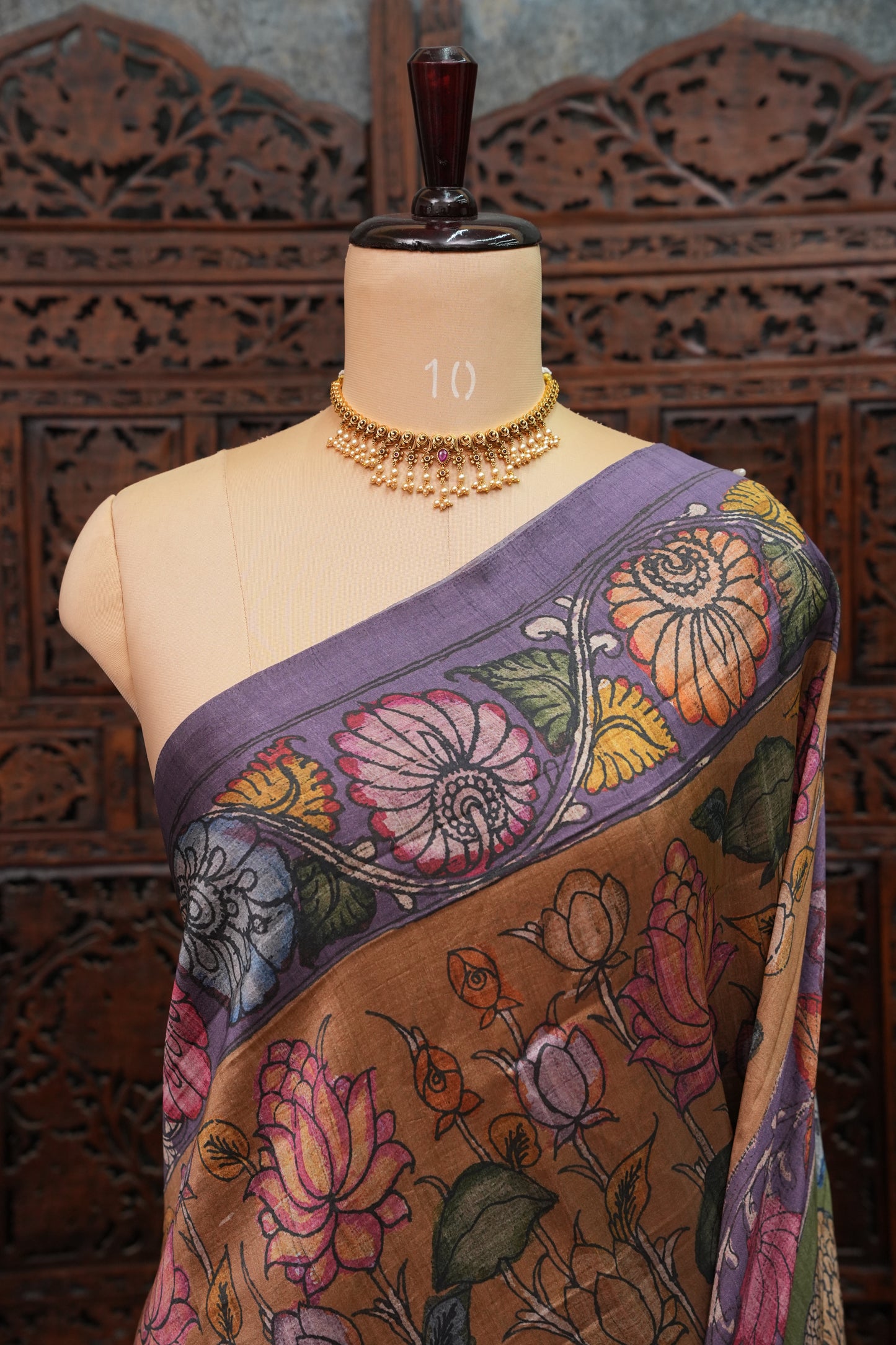 Tussar Saree with Kalamkari Body & Patola-Inspired Border and Pallu – Rust, Olive Green & Purple