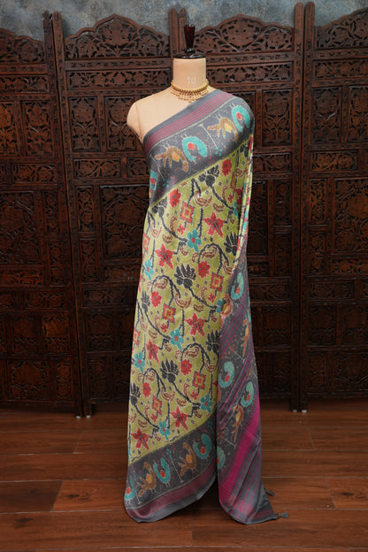 Tussar Saree with Kalamkari Body & Patola-Inspired Border and Pallu – Olive Green & Charcoal Grey