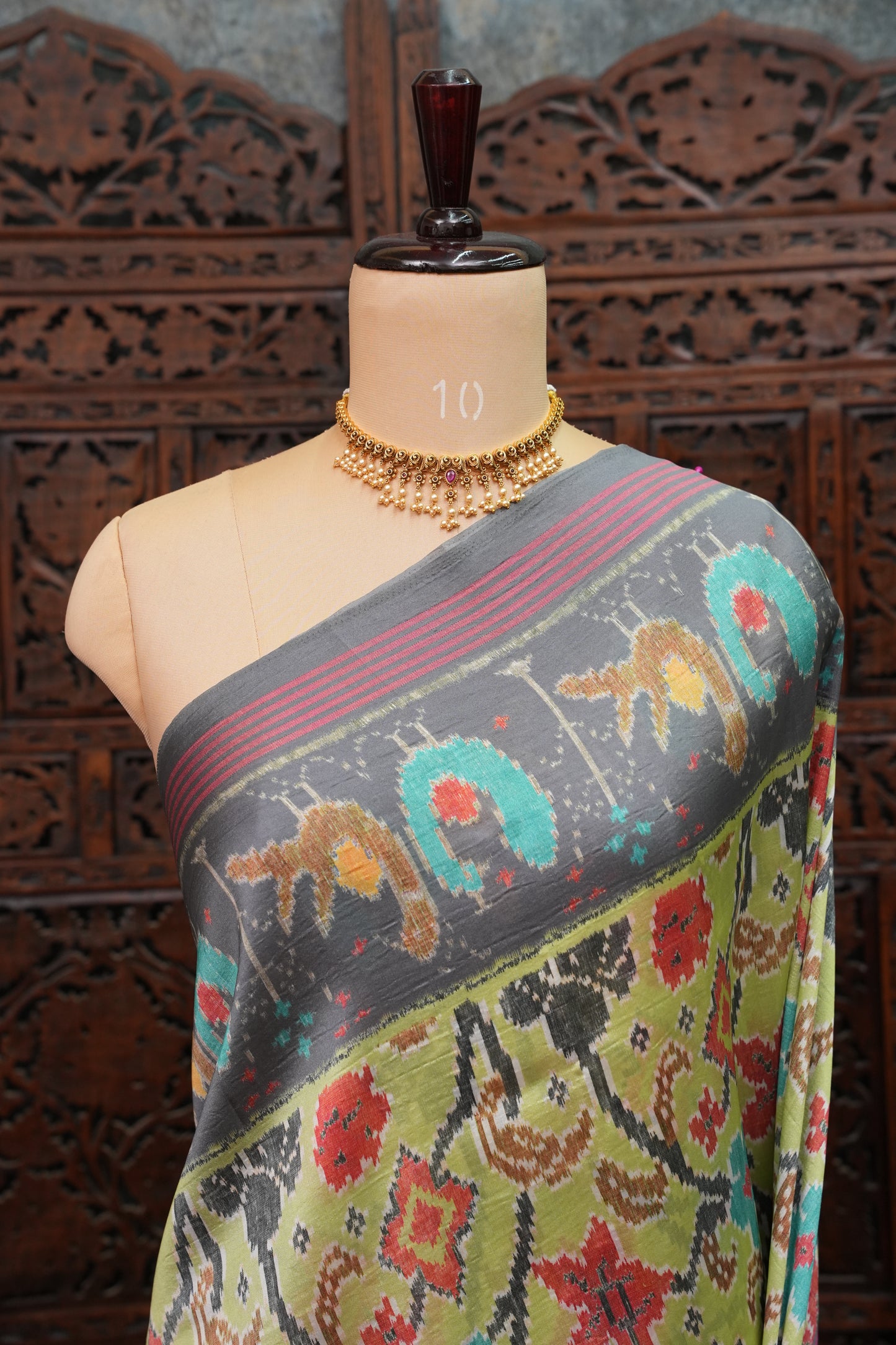 Tussar Saree with Kalamkari Body & Patola-Inspired Border and Pallu – Olive Green & Charcoal Grey