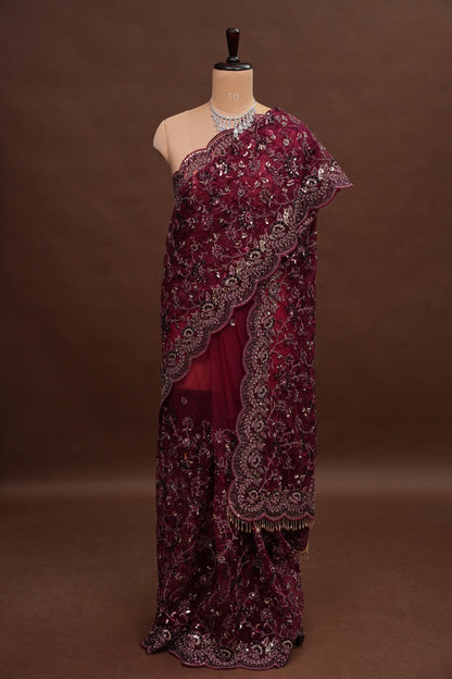 Party Wear Net Saree with Embroidery & Sequin Work - Burgundy