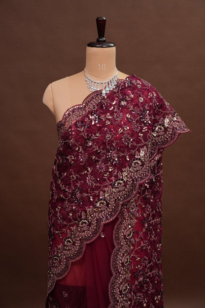 Party Wear Net Saree with Embroidery & Sequin Work - Burgundy