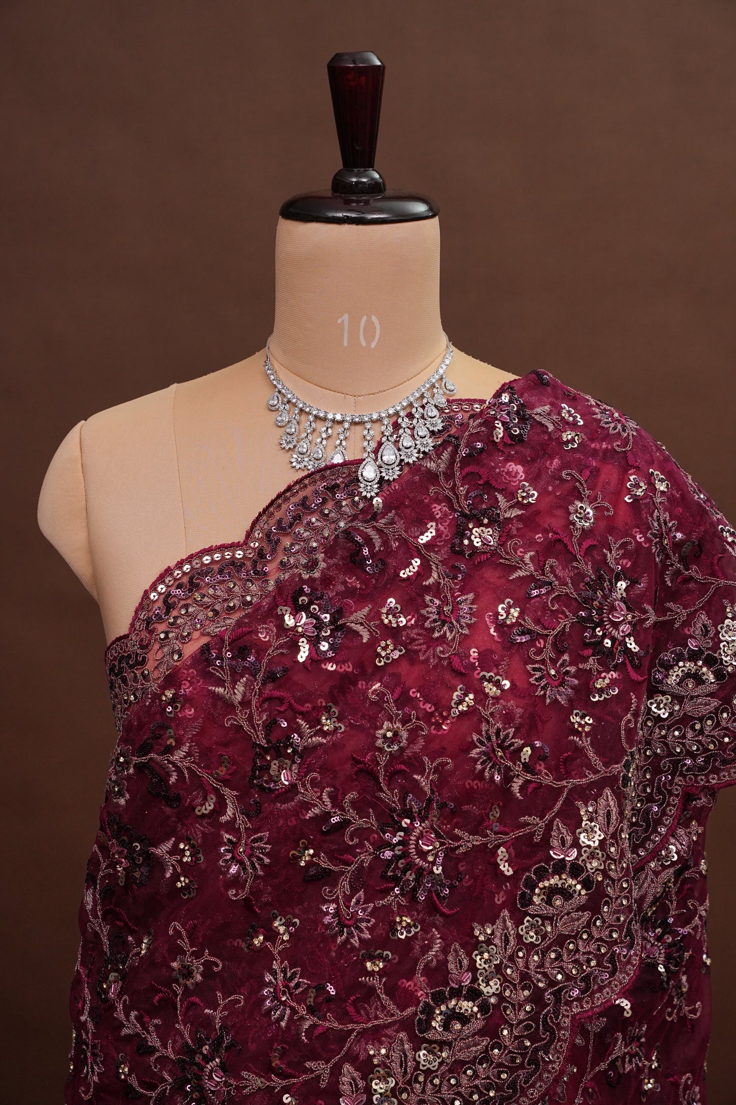 Party Wear Net Saree with Embroidery & Sequin Work - Burgundy