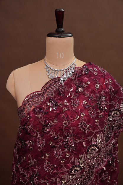 Party Wear Net Saree with Embroidery & Sequin Work - Burgundy