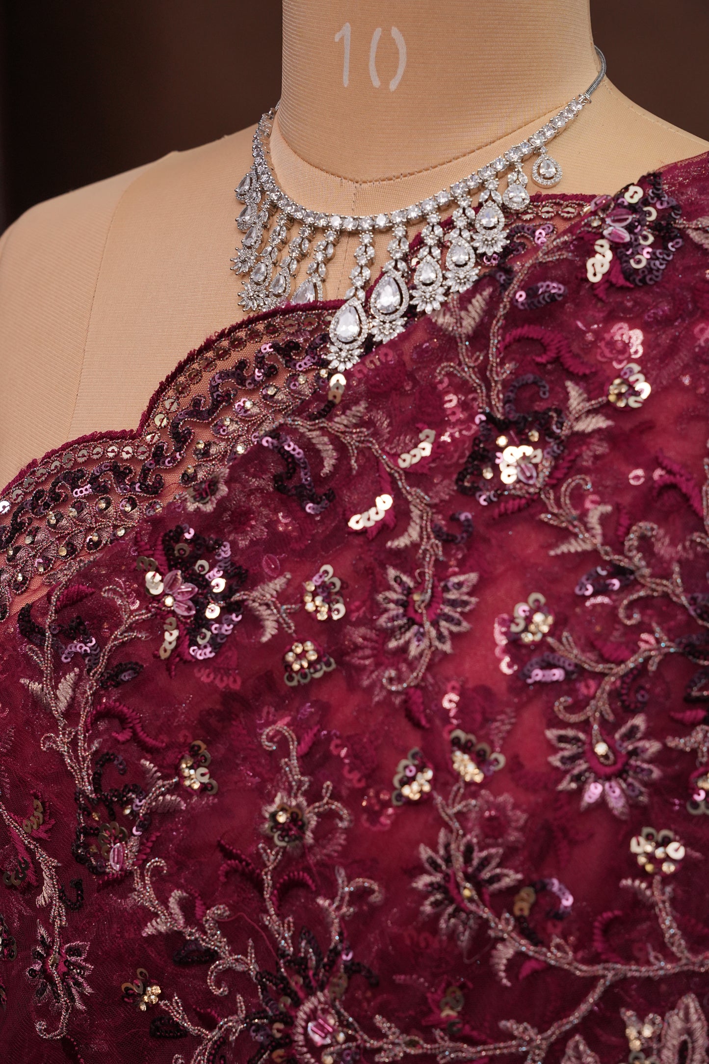 Party Wear Net Saree with Embroidery & Sequin Work - Burgundy