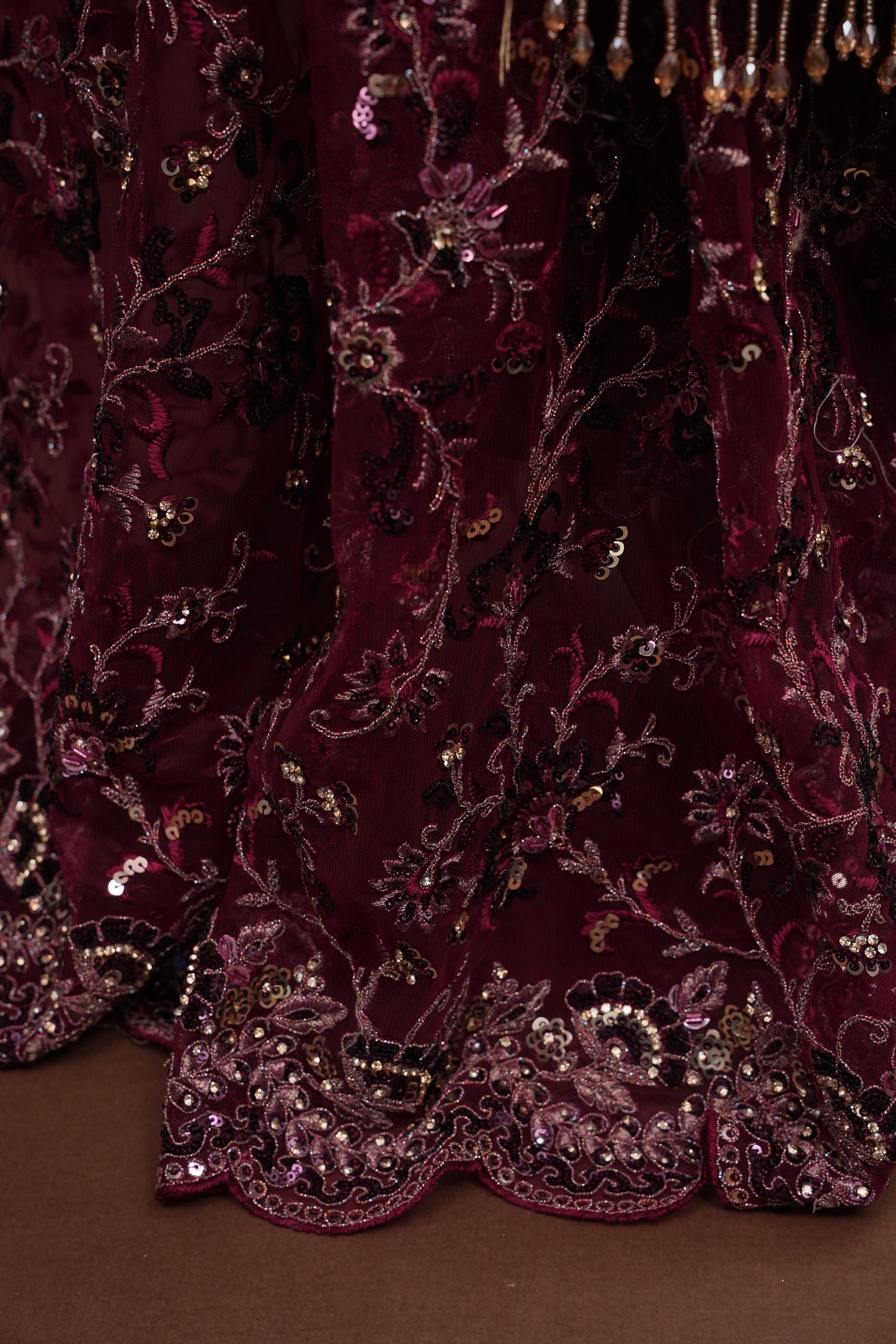 Party Wear Net Saree with Embroidery & Sequin Work - Burgundy