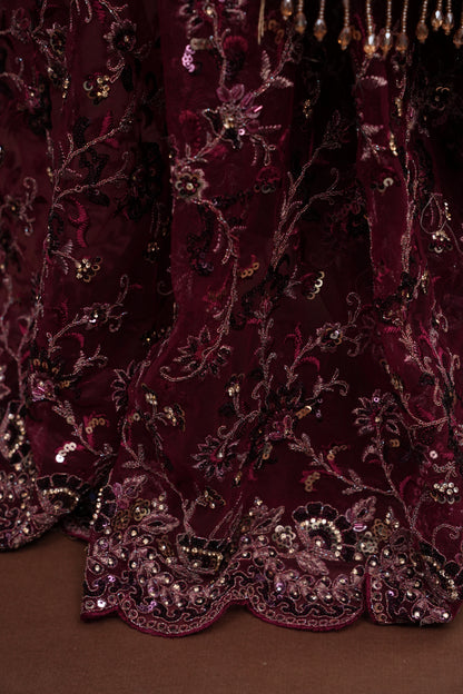 Party Wear Net Saree with Embroidery & Sequin Work - Burgundy