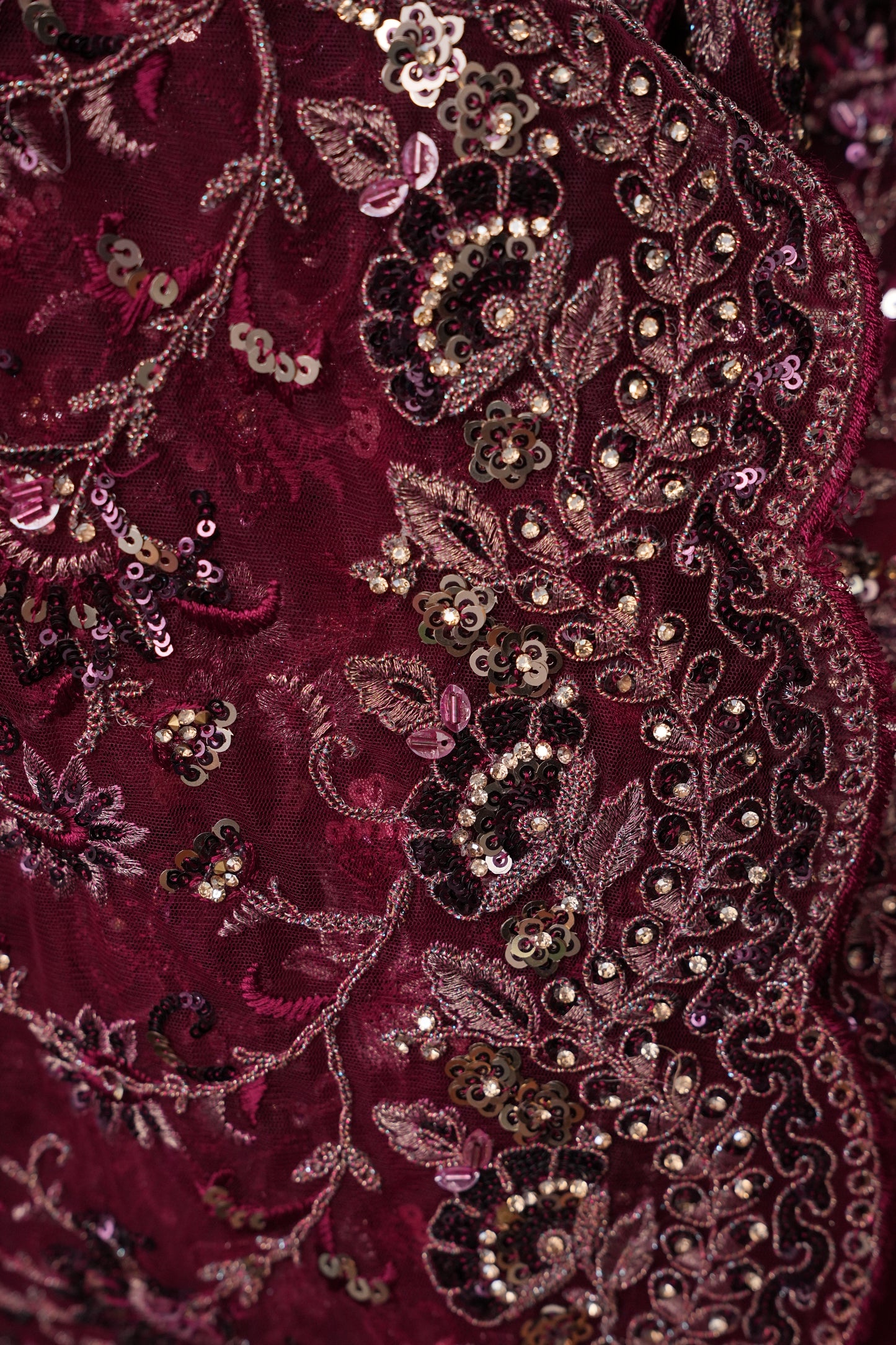 Party Wear Net Saree with Embroidery & Sequin Work - Burgundy