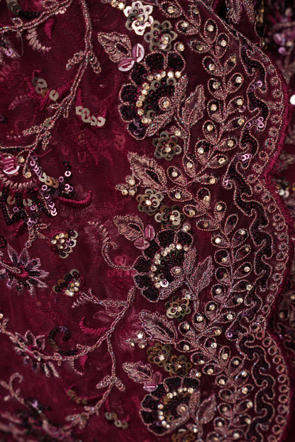 Party Wear Net Saree with Embroidery & Sequin Work - Burgundy