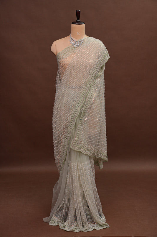Party Wear Saree with All-Over Bead & Sequin Embellishments - Pastel Green