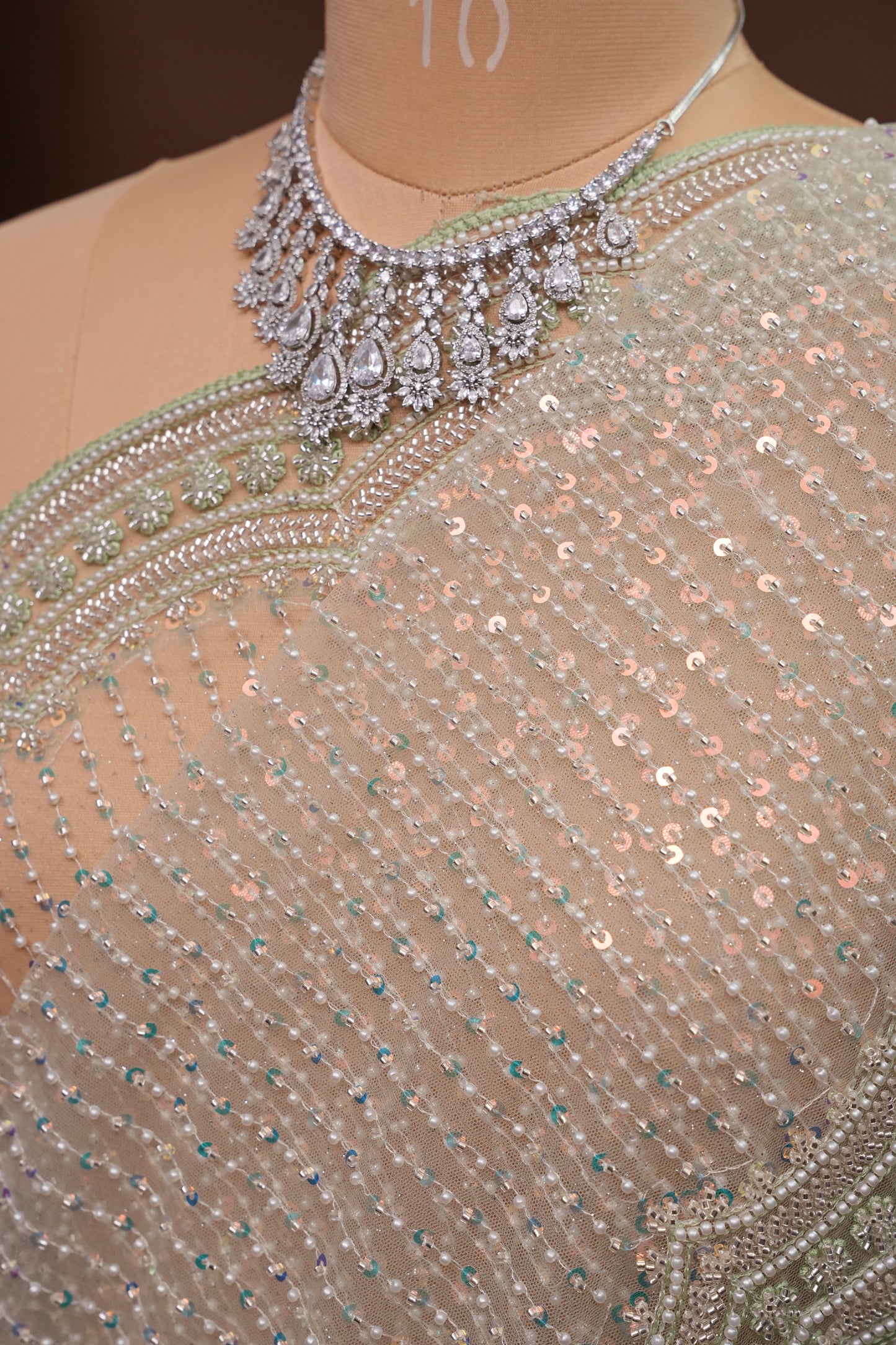 Party Wear Saree with All-Over Bead & Sequin Embellishments - Pastel Green