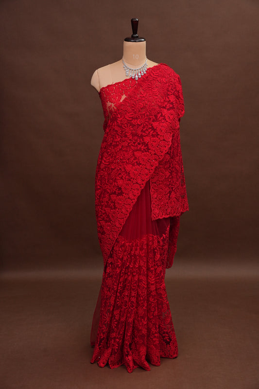 Party Wear Netted Saree with Self-Tone Floral Embroidery - Scarlet Red