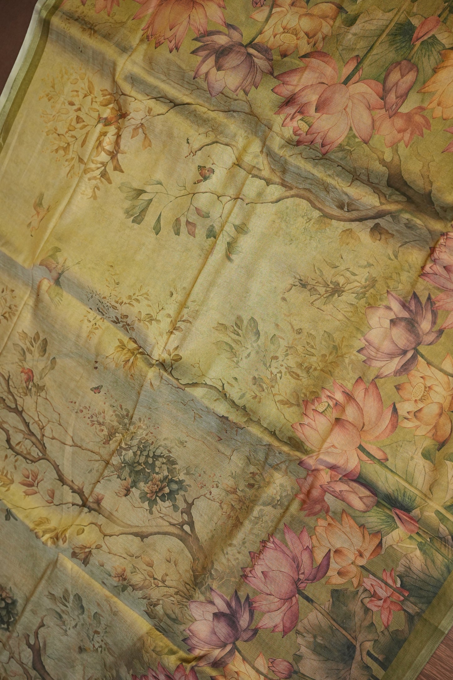 Digital Printed Tissue Raw Silk Saree with Lotus Garden Landscape