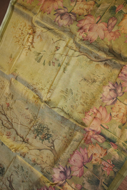 Digital Printed Tissue Raw Silk Saree with Lotus Garden Landscape