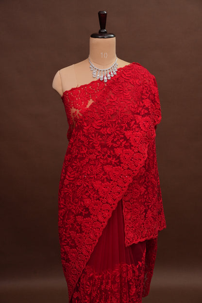 Party Wear Netted Saree with Self-Tone Floral Embroidery - Scarlet Red