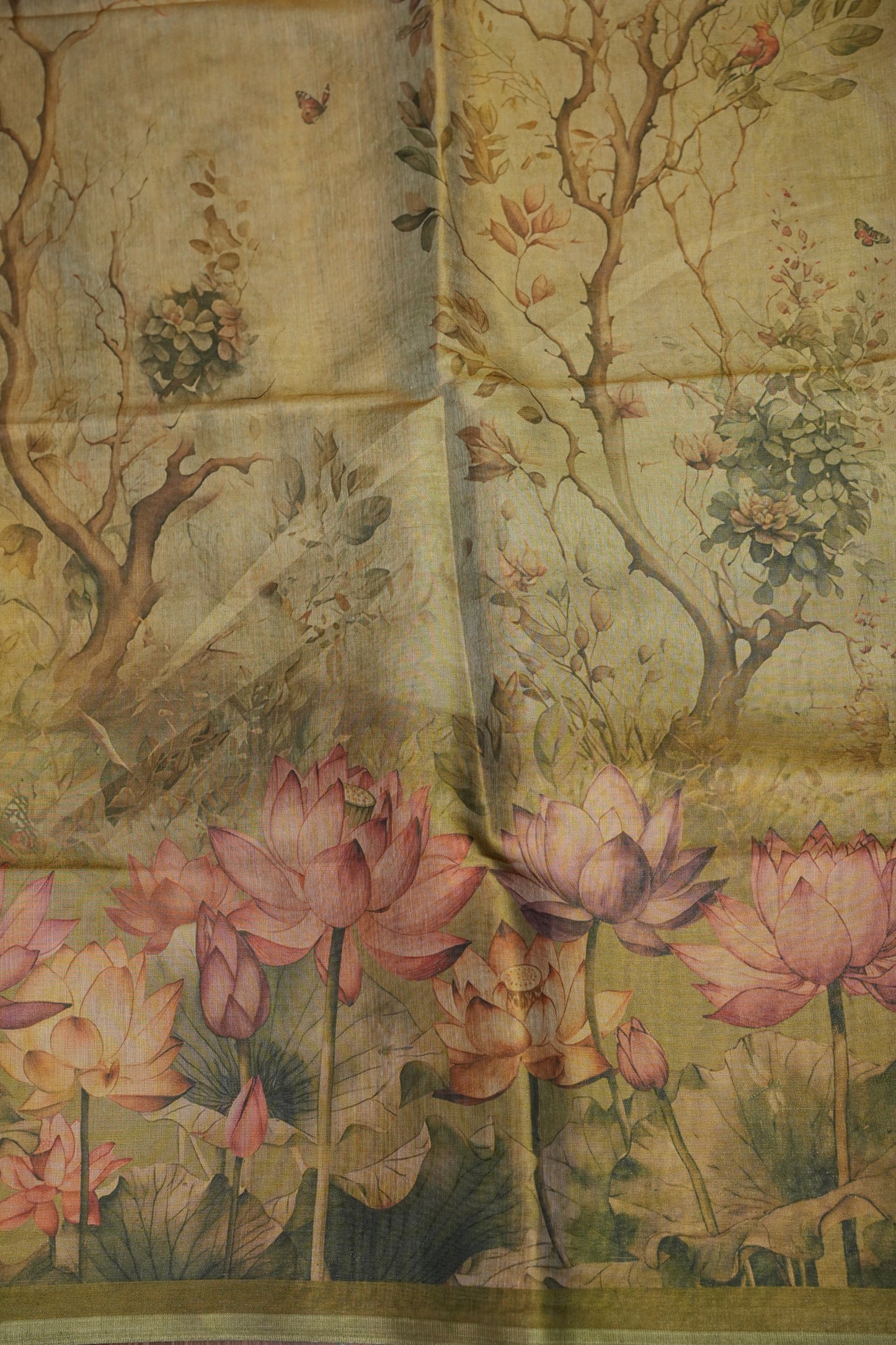 Digital Printed Tissue Raw Silk Saree with Lotus Garden Landscape