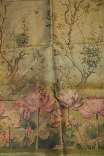 Digital Printed Tissue Raw Silk Saree with Lotus Garden Landscape