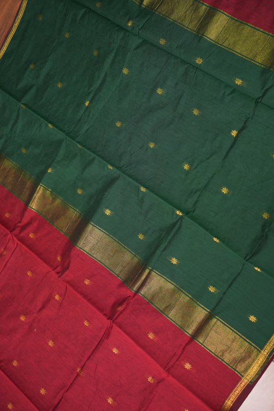 Semi Maheshwari Silk Cotton Saree with thin Gold Zari Buttas