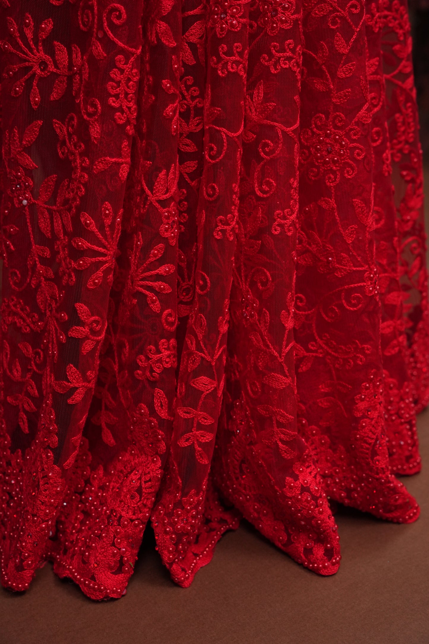 Party Wear Netted Saree with Self-Tone Floral Embroidery - Scarlet Red