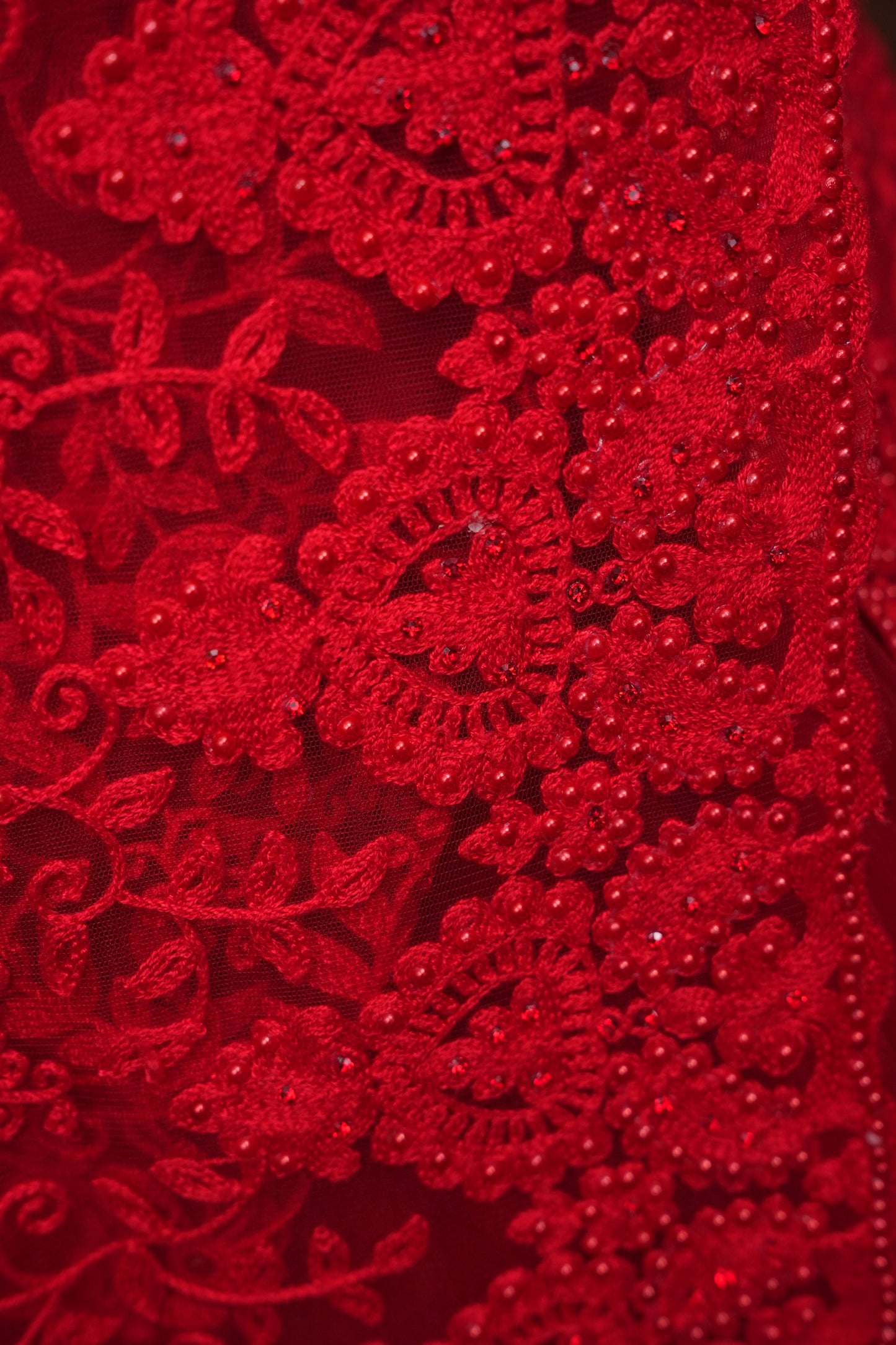 Party Wear Netted Saree with Self-Tone Floral Embroidery - Scarlet Red