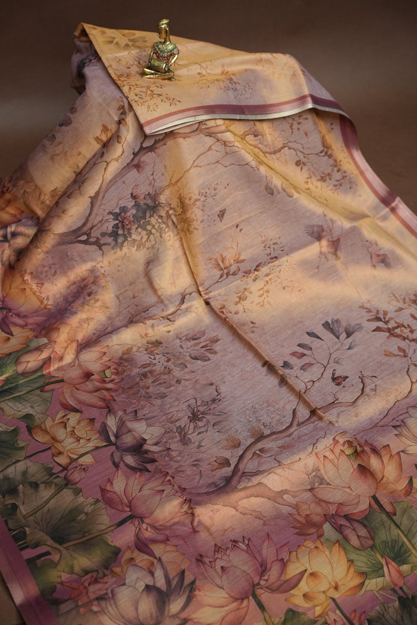 Digital Printed Tissue Raw Silk Saree with Lotus Bloom Landscape