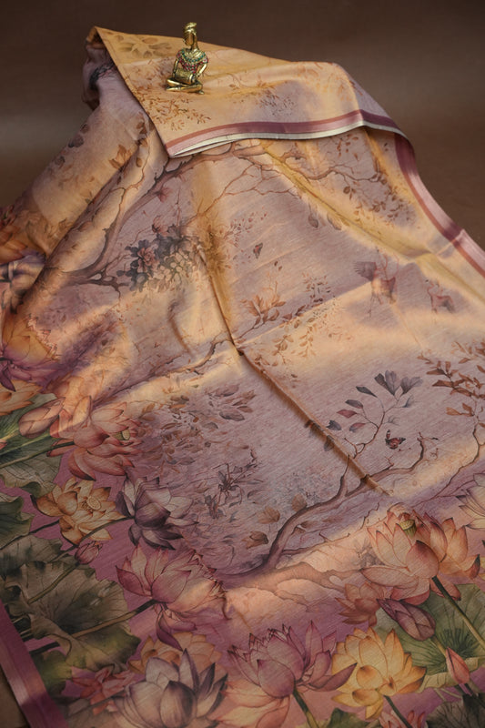 Digital Printed Tissue Raw Silk Saree with Lotus Bloom Landscape