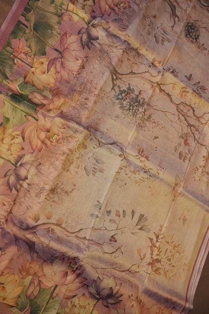 Digital Printed Tissue Raw Silk Saree with Lotus Bloom Landscape