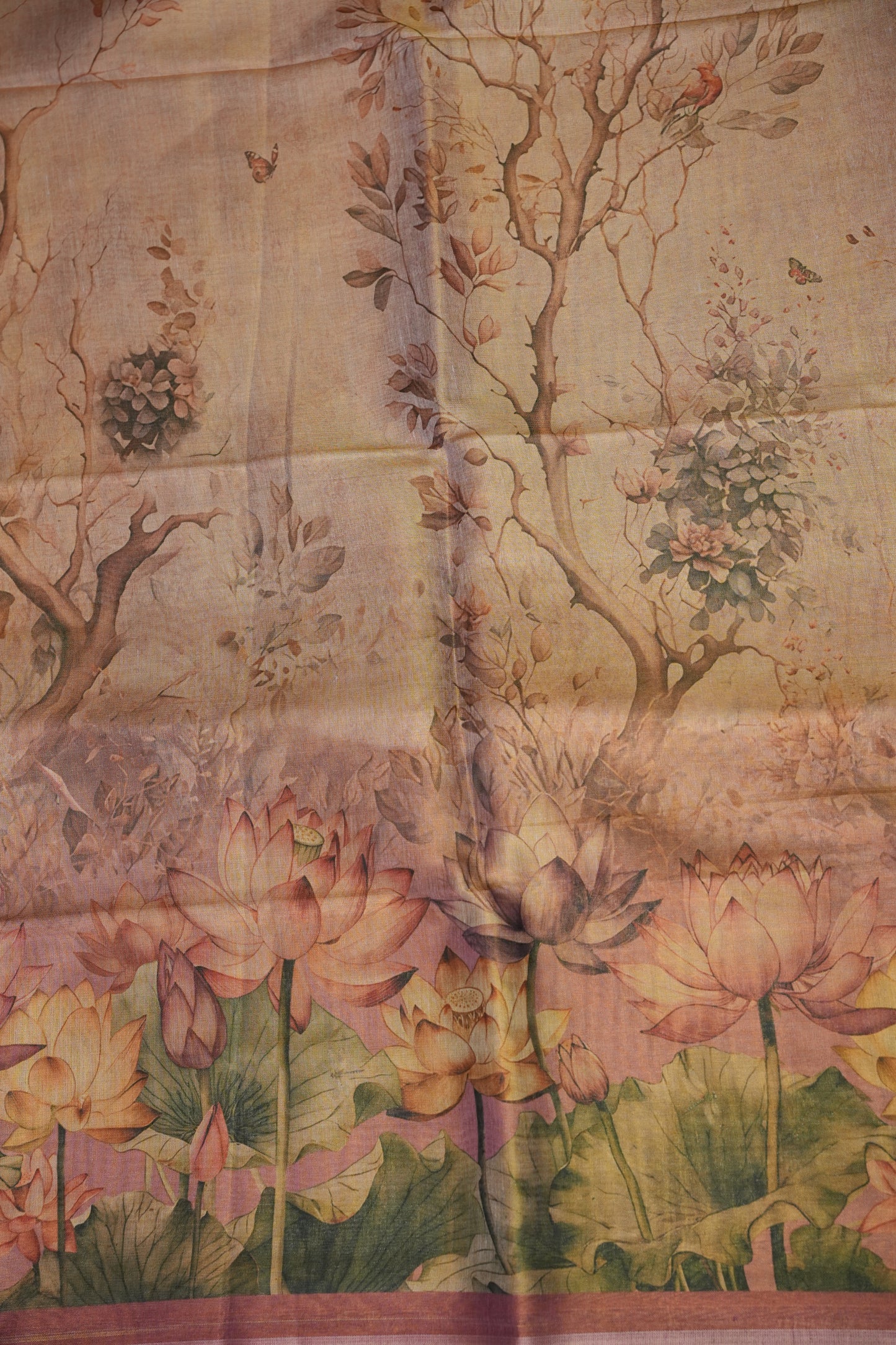 Digital Printed Tissue Raw Silk Saree with Lotus Bloom Landscape