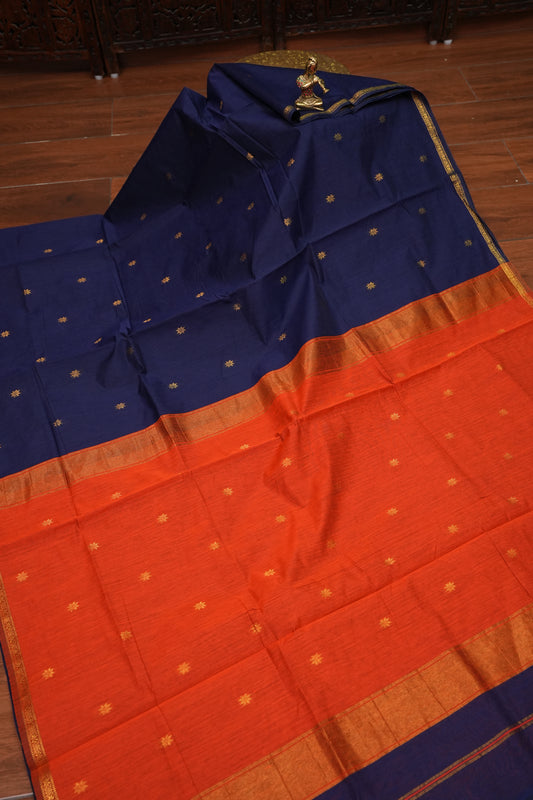 Semi Maheshwari Silk Cotton Saree with thin Gold Zari Buttas