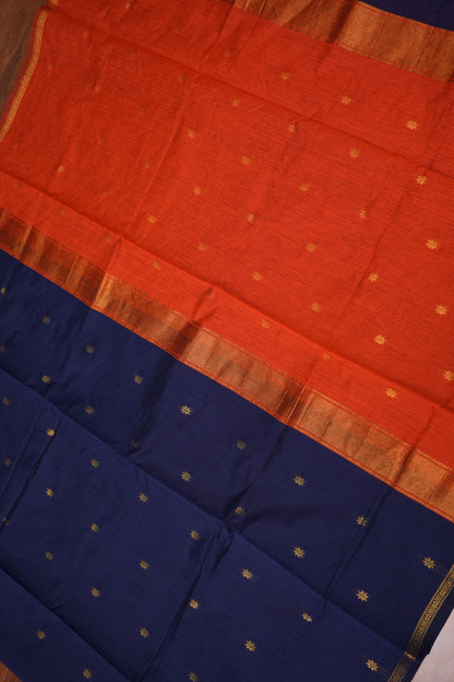 Semi Maheshwari Silk Cotton Saree with thin Gold Zari Buttas