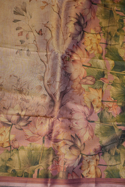 Digital Printed Tissue Raw Silk Saree with Lotus Bloom Landscape