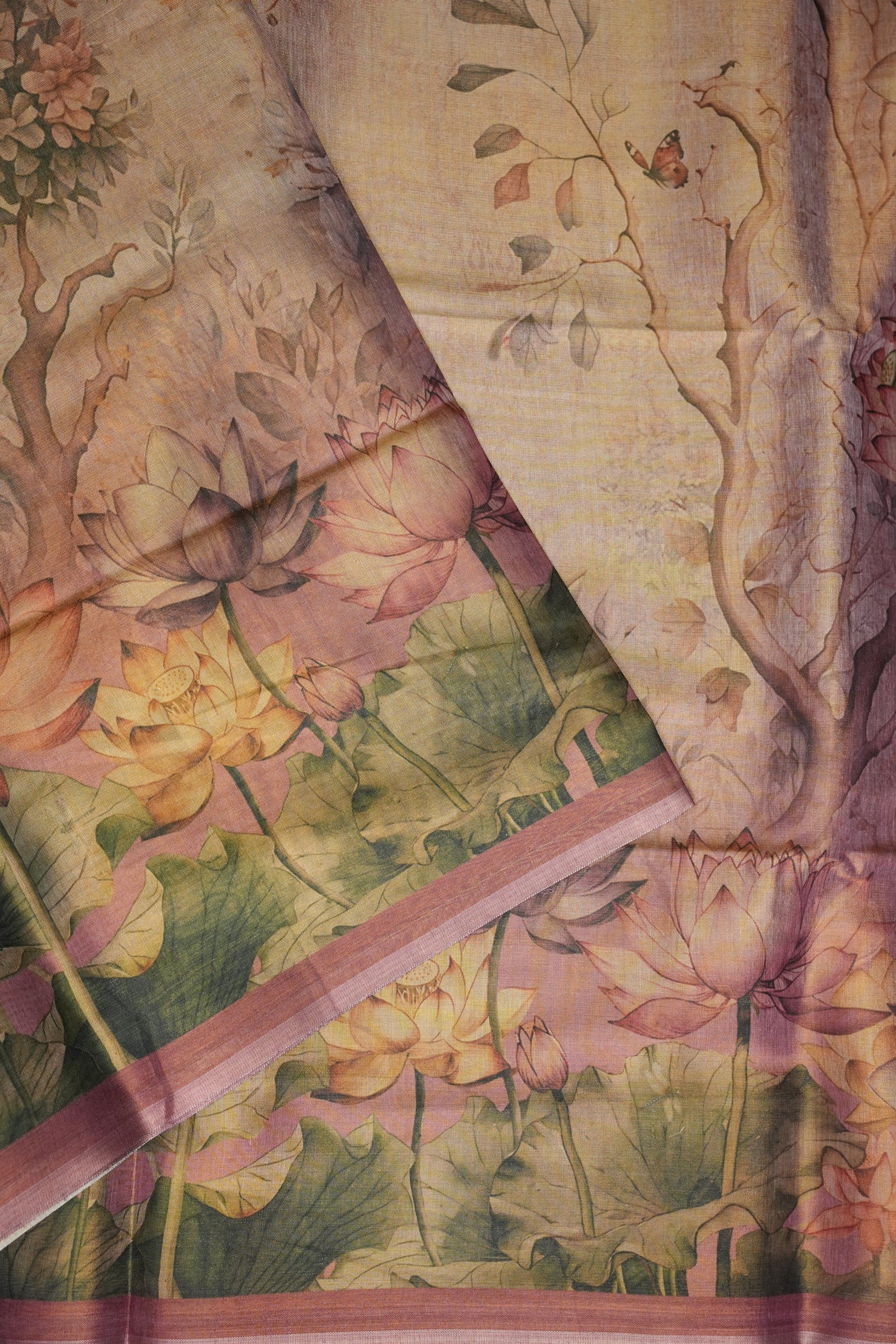 Digital Printed Tissue Raw Silk Saree with Lotus Bloom Landscape