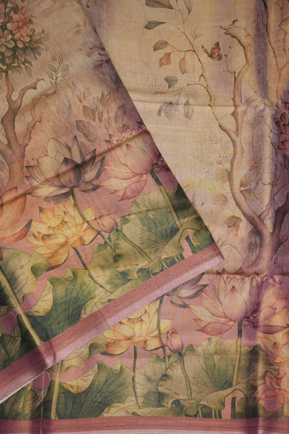 Digital Printed Tissue Raw Silk Saree with Lotus Bloom Landscape