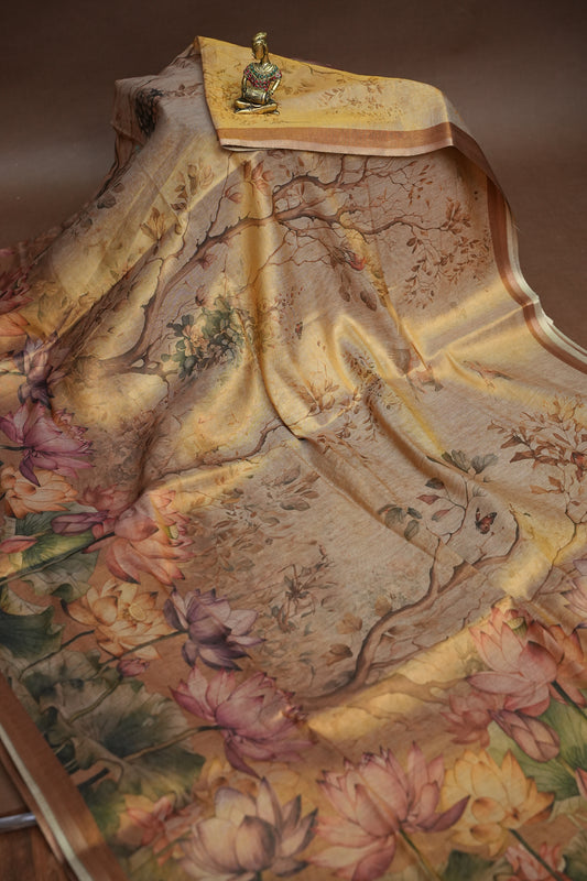 Digital Printed Tissue Raw Silk Saree with Enchanted Lotus Garden