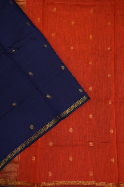 Semi Maheshwari Silk Cotton Saree with thin Gold Zari Buttas