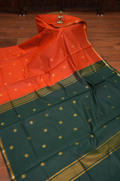 Semi Maheshwari Silk Cotton Saree with thin Gold Zari Buttas