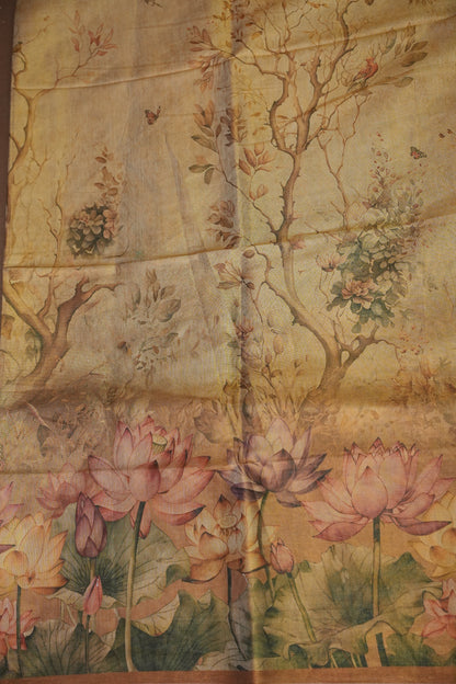 Digital Printed Tissue Raw Silk Saree with Enchanted Lotus Garden