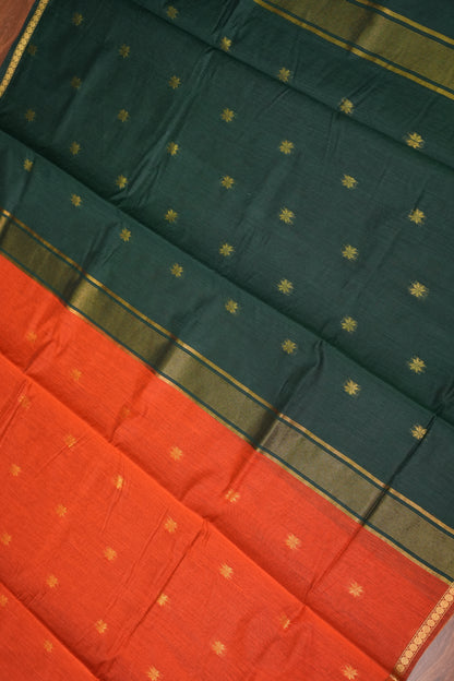 Semi Maheshwari Silk Cotton Saree with thin Gold Zari Buttas