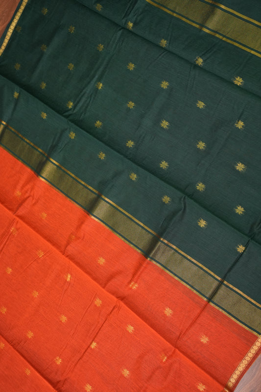 Semi Maheshwari Silk Cotton Saree with thin Gold Zari Buttas