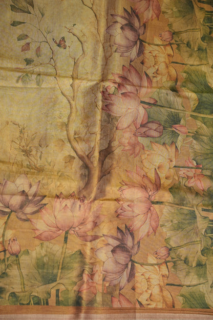 Digital Printed Tissue Raw Silk Saree with Enchanted Lotus Garden