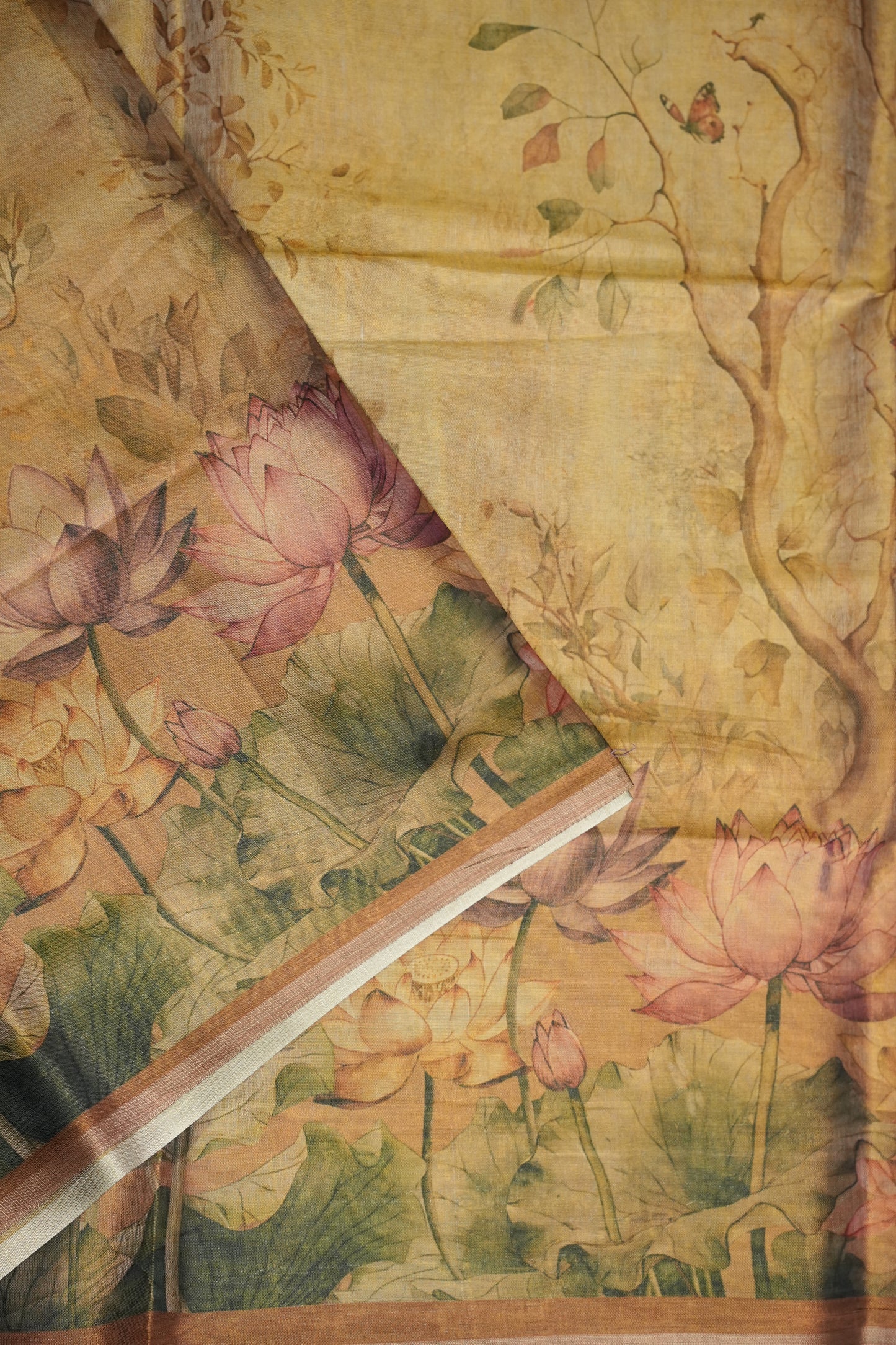 Digital Printed Tissue Raw Silk Saree with Enchanted Lotus Garden