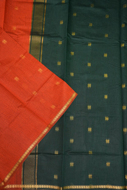 Semi Maheshwari Silk Cotton Saree with thin Gold Zari Buttas