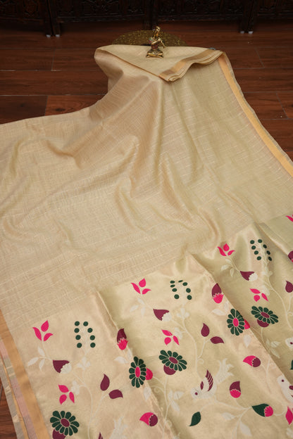 Khaddi Cotton Saree with Paithani-Inspired Border – Ivory