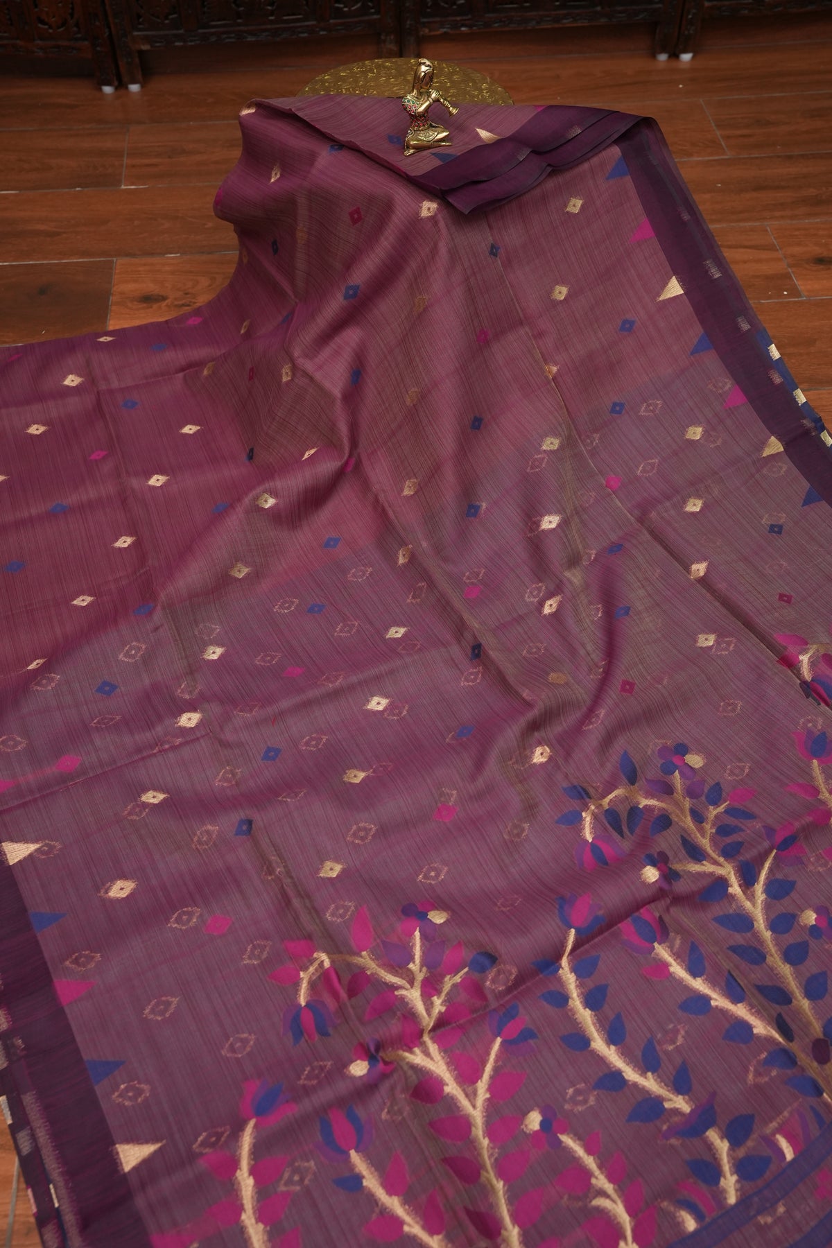 Khaddi Cotton Saree – Wine Purple with Multicolour Woven Motifs & Floral Pallu