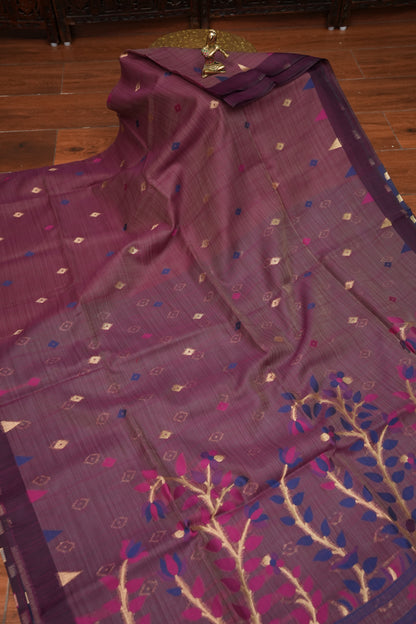 Khaddi Cotton Saree – Wine Purple with Multicolour Woven Motifs & Floral Pallu