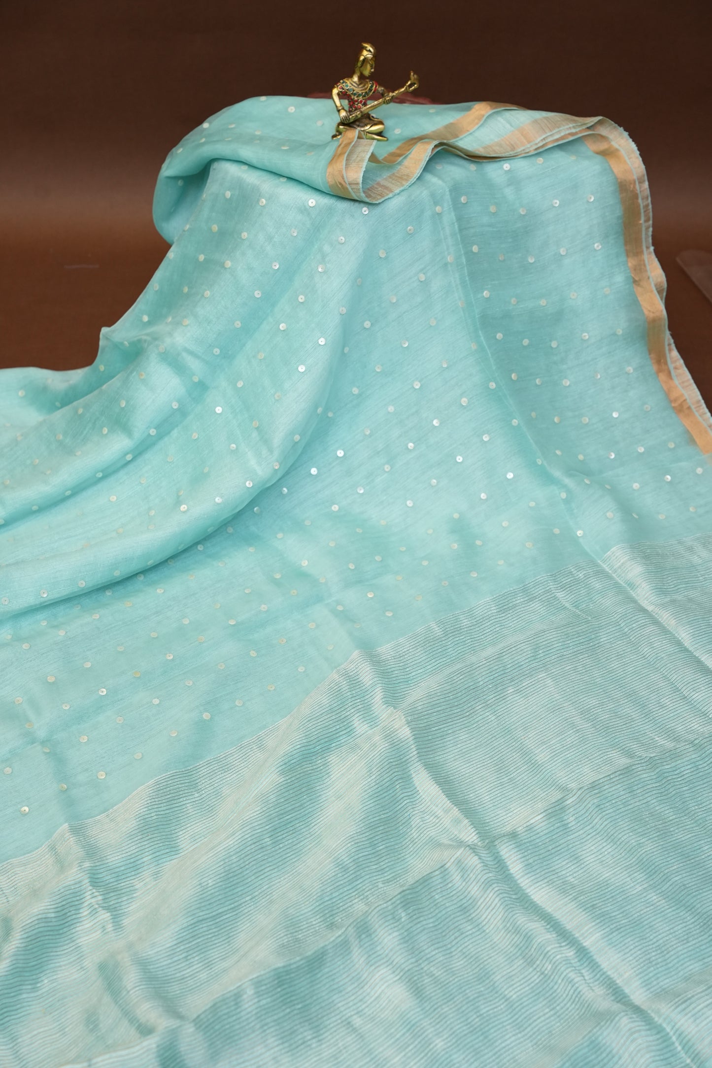 Aqua Blue Pure Muslin Matka Silk Saree|Silk Mark Certified