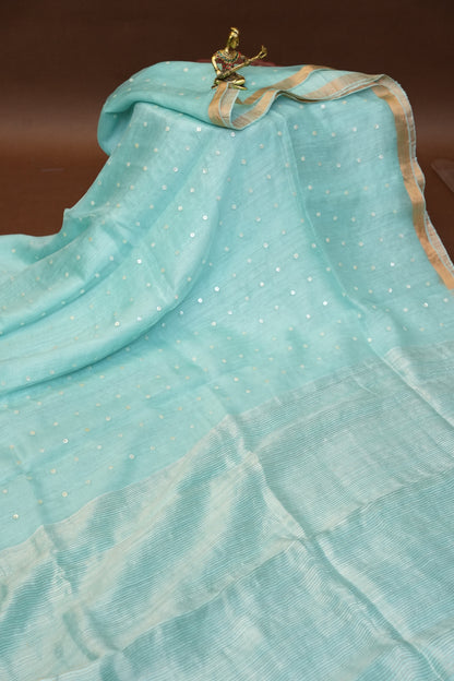 Aqua Blue Pure Muslin Matka Silk Saree|Silk Mark Certified