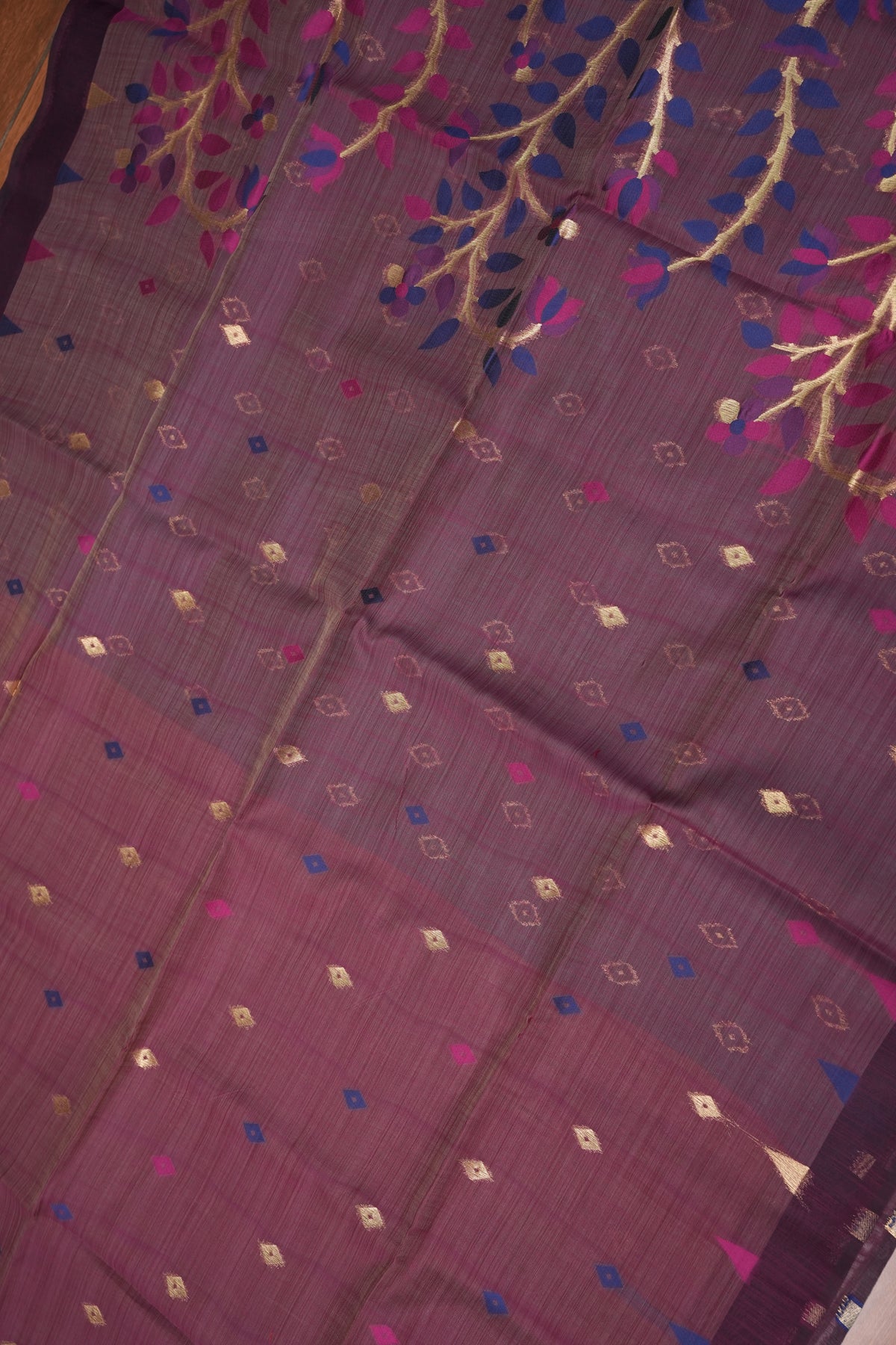 Khaddi Cotton Saree – Wine Purple with Multicolour Woven Motifs & Floral Pallu
